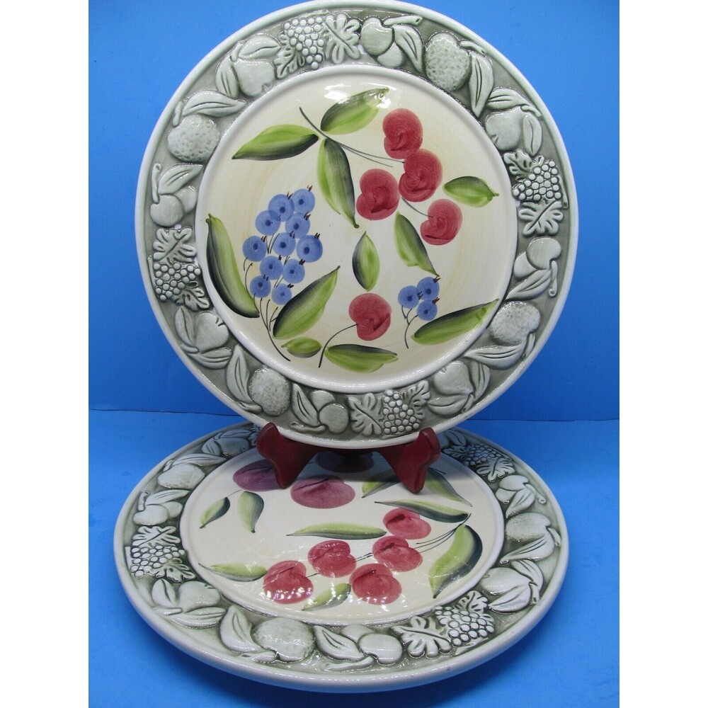 Pizzato Italy Dinner Plate Hand Painted Cherry Blueberry 12.5" Set of 2